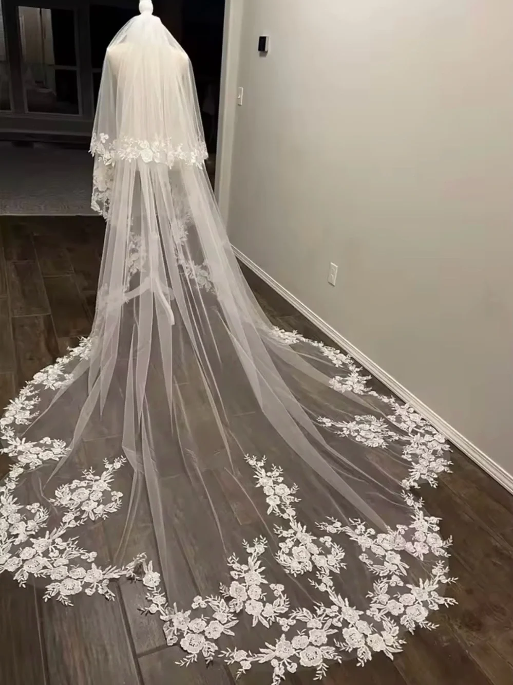 Cathedral-Length Bridal Veil with Floral Lace Appliqué - ivory
